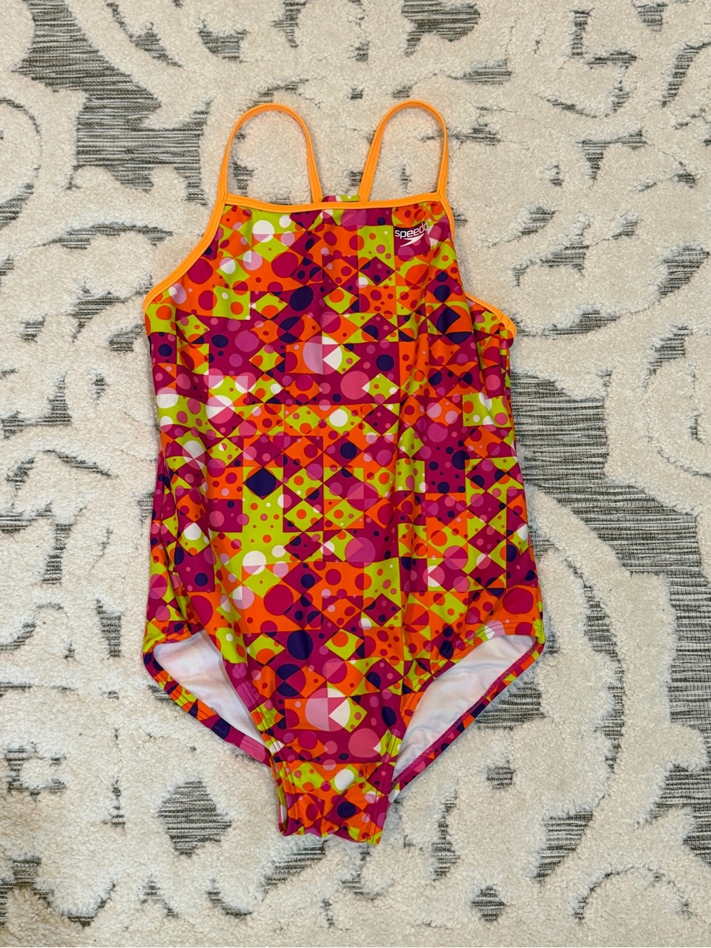 Speedo Girls' size 14 Geo Bright One-Piece Swimsuit - Orange, Pink, Lime